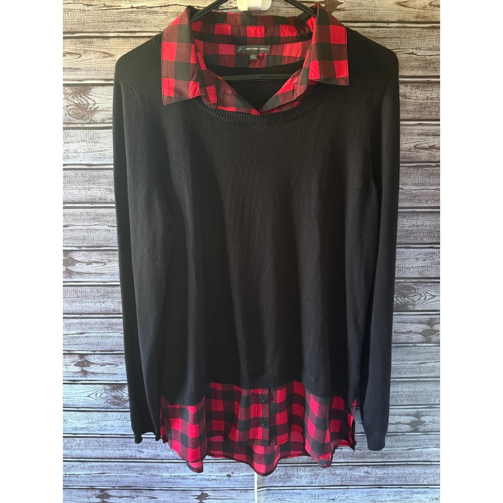 Adrianna Papell Women's Long-Sleeved Sweater L Black Red Buffalo Plaid Trim